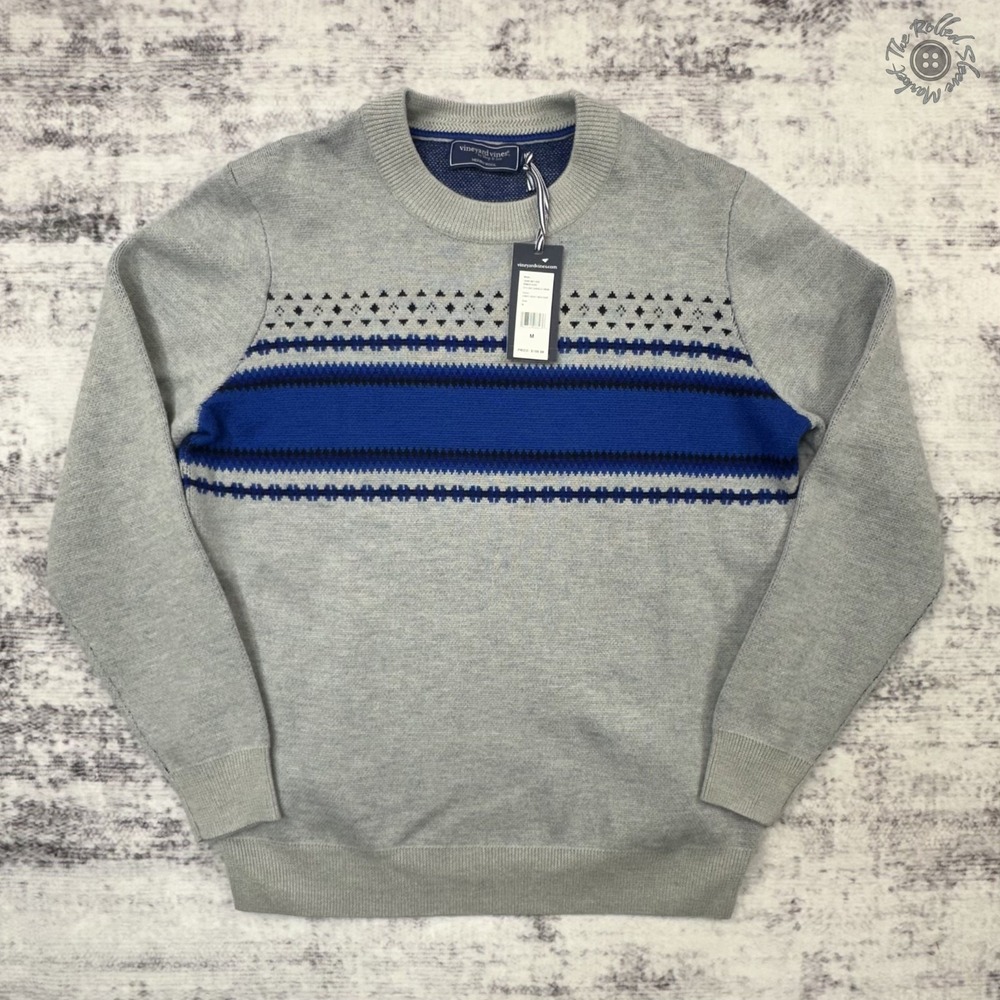 NWT Vineyard Vines OTG Ski Fairisle Crew Sweater Merino‎ Wool Gray Blue M $188